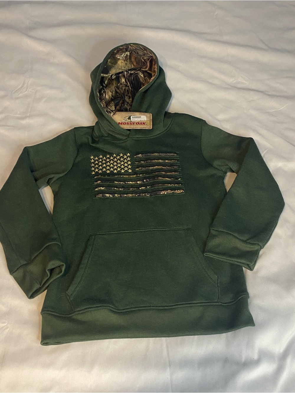 Mossy Oak Boys Hoodie Size 10-12 Pullover Long Sleeve Green Camo American Flag